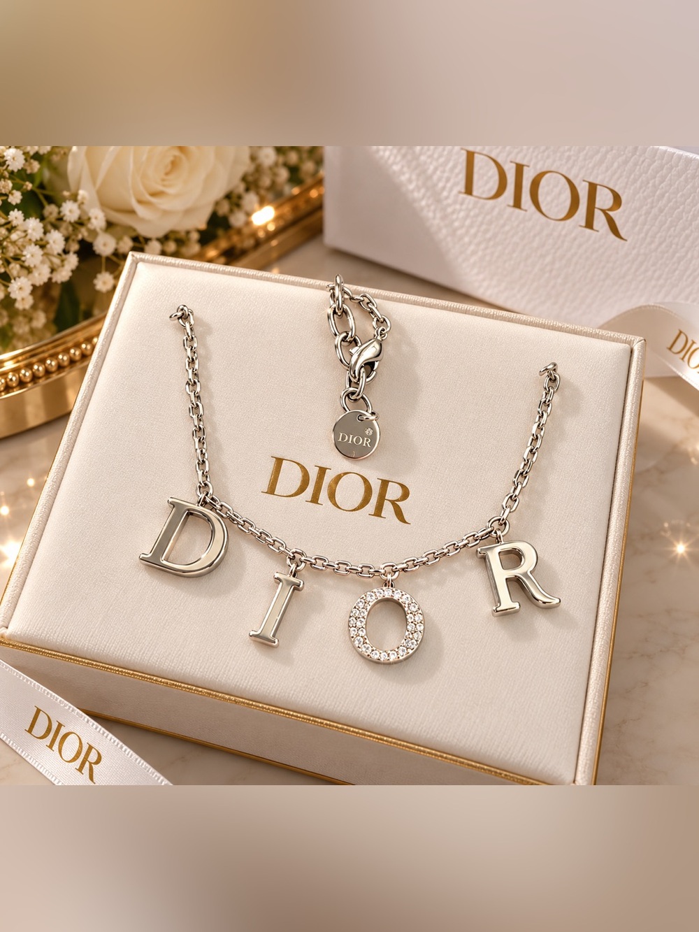 Dior Silver Letter Charm Necklace with Crystal-Embellished O